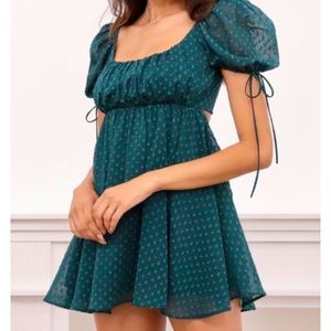 Dotted Chiffon Babydoll Dress in Hunter Green